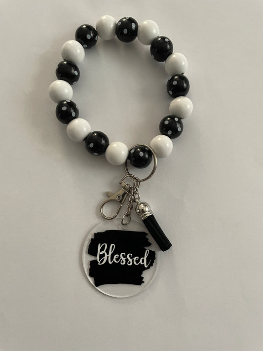 Black & white “Blessed” wristlet keychain